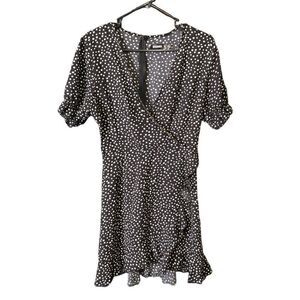 Missguided Dress Womens 2 Black Polka Dot Ruffle Hem Wrap Tea Length